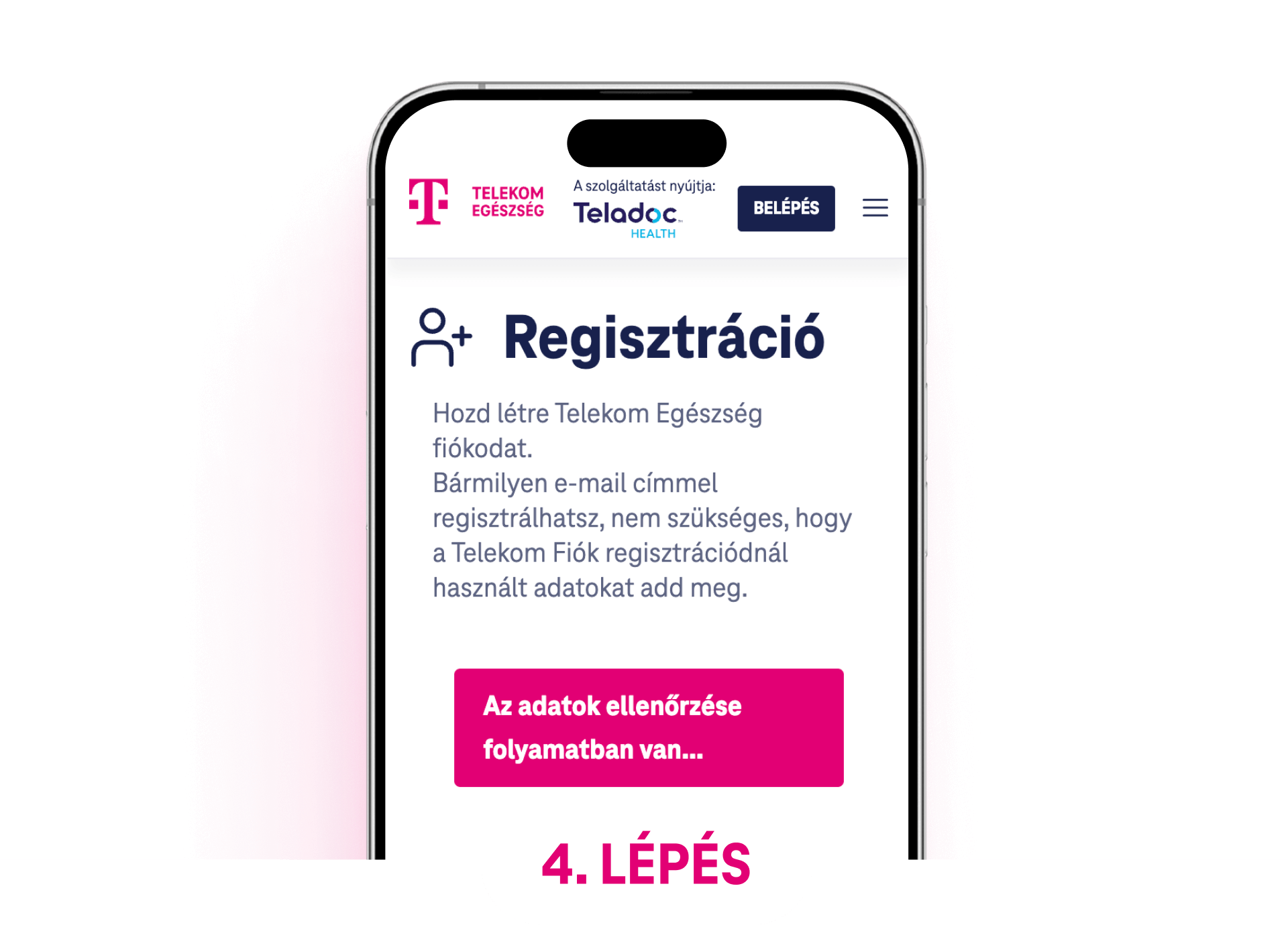 Regisztrációs űrlap, ahol a felhasználó megadhatja adatait a Telekom Egészség szolgáltatásra való regisztrációhoz.