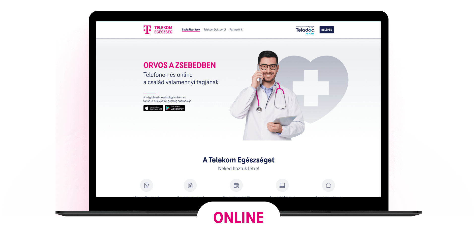 Telekom Egészség weboldal felülete, ahol az online orvosi konzultáció érhető el.