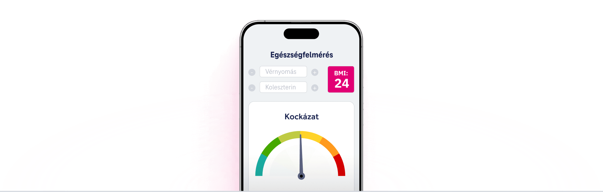 Egészségügyi kérdőív grafikus bemutatása, vérnyomás, koleszterinszint és BMI értékkel.