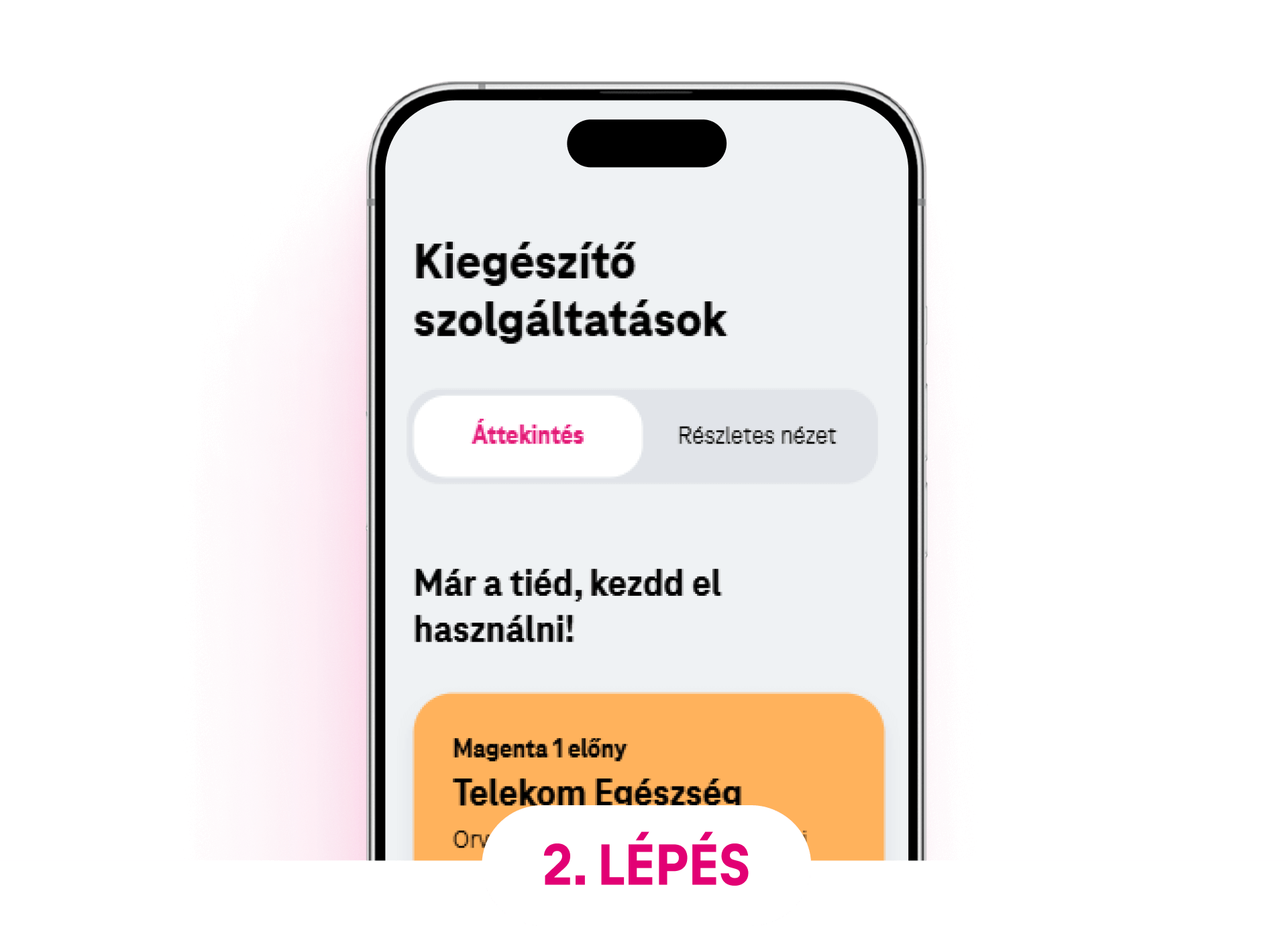 Telekom Egészség kiegészítő szolgáltatás kiválasztása a laptop képernyőjén, részletek megtekintéséhez.