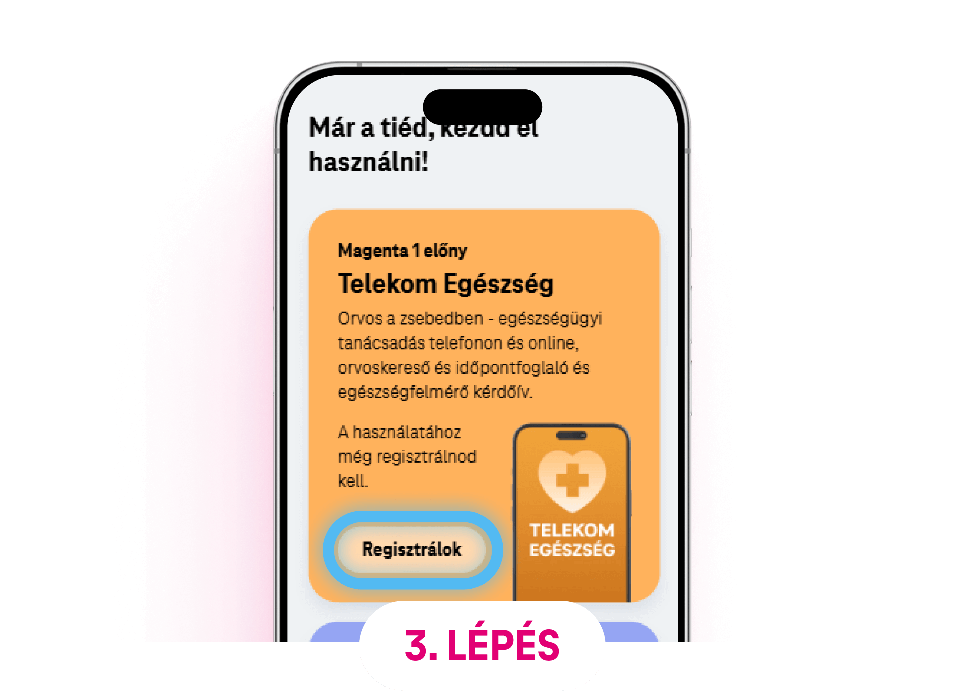 Telekom Egészség regisztrációs felület, ahol a felhasználó a Regisztrálok gombra kattinthat.