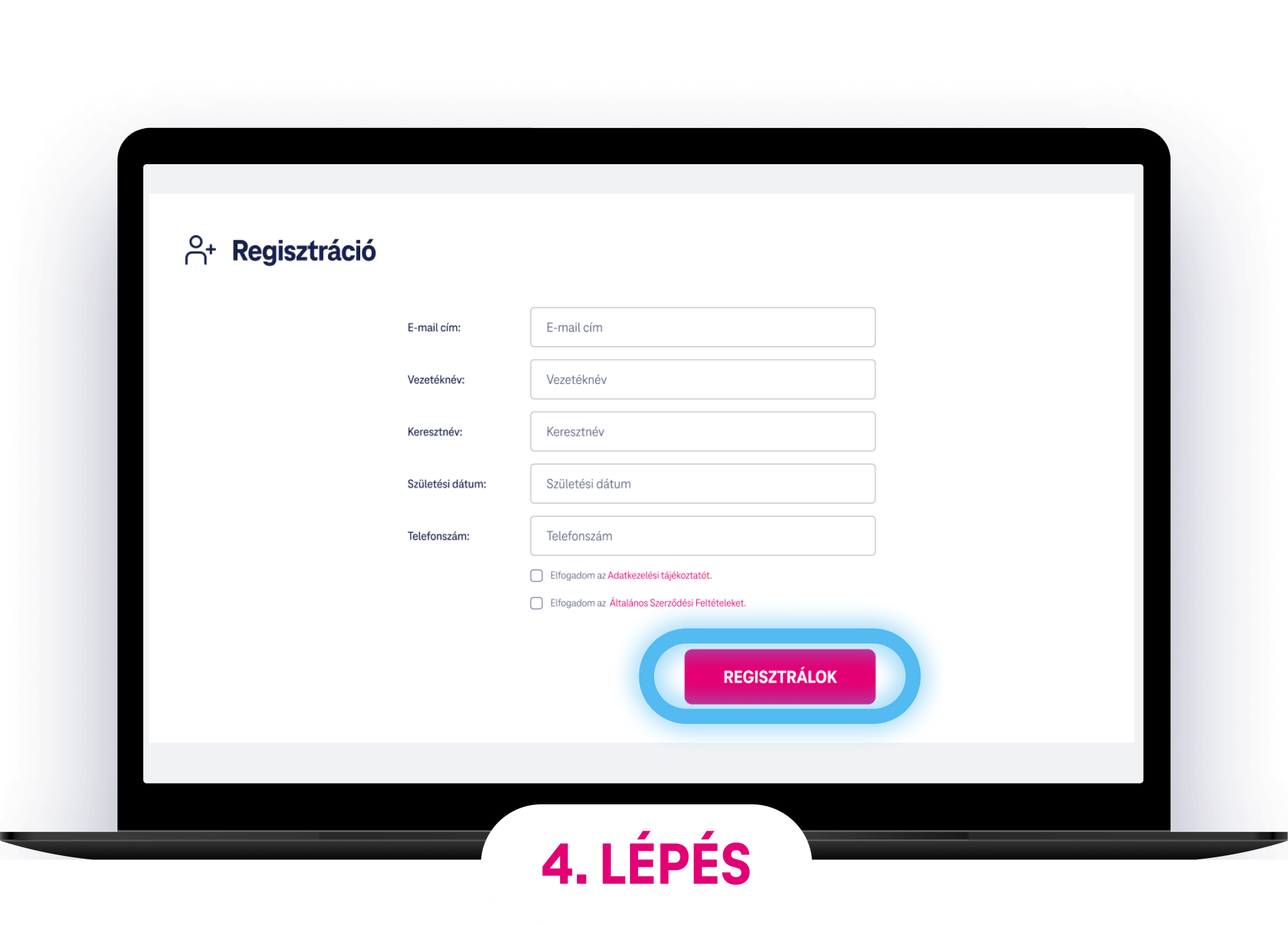 Regisztrációs űrlap, ahol a felhasználó megadhatja adatait a Telekom Egészség szolgáltatásra való regisztrációhoz.