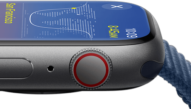 Az Apple Watch oldalnézete, ahol látszik a fényereje.