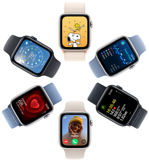 Hat Apple Watch SE-képernyő felülnézetből, amelyeken egy Snoopy-háttérkép, az Alvás app adatai, az Edzés app mérőszámai,       egy bejövő hívás, a pulzusszám és az Időjárás app láthatók.