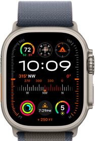 Apple Watch Ultra 2 kék Alpesi pánttal, számlapján a GPS-t, a hőmérsékletet, az iránytűt, a tengerszint feletti magasságot       és fitneszadatokat mutató komplikációkkal